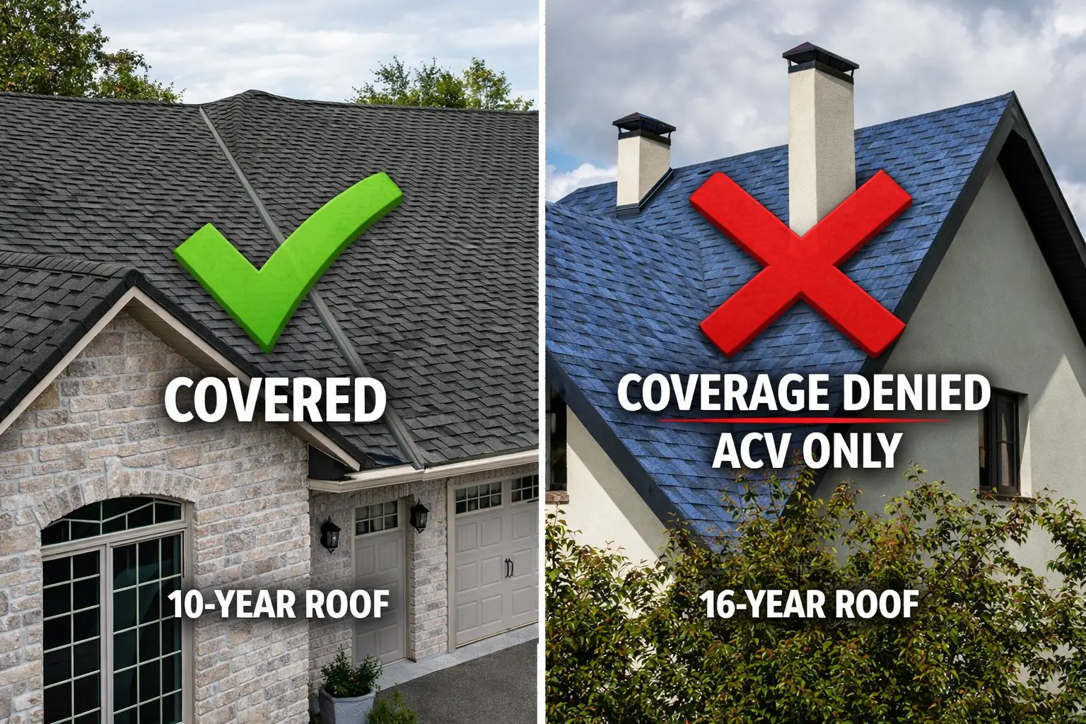 Split-screen image showing two Colorado Springs homes, where a roof under 15 years old is marked covered by insurance and a roof over 15 years old is denied coverage or limited to ACV due to age.