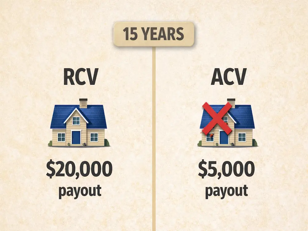 Split screen comparison showing insured newer roof versus 15-year-old roof facing insurance coverage restrictions