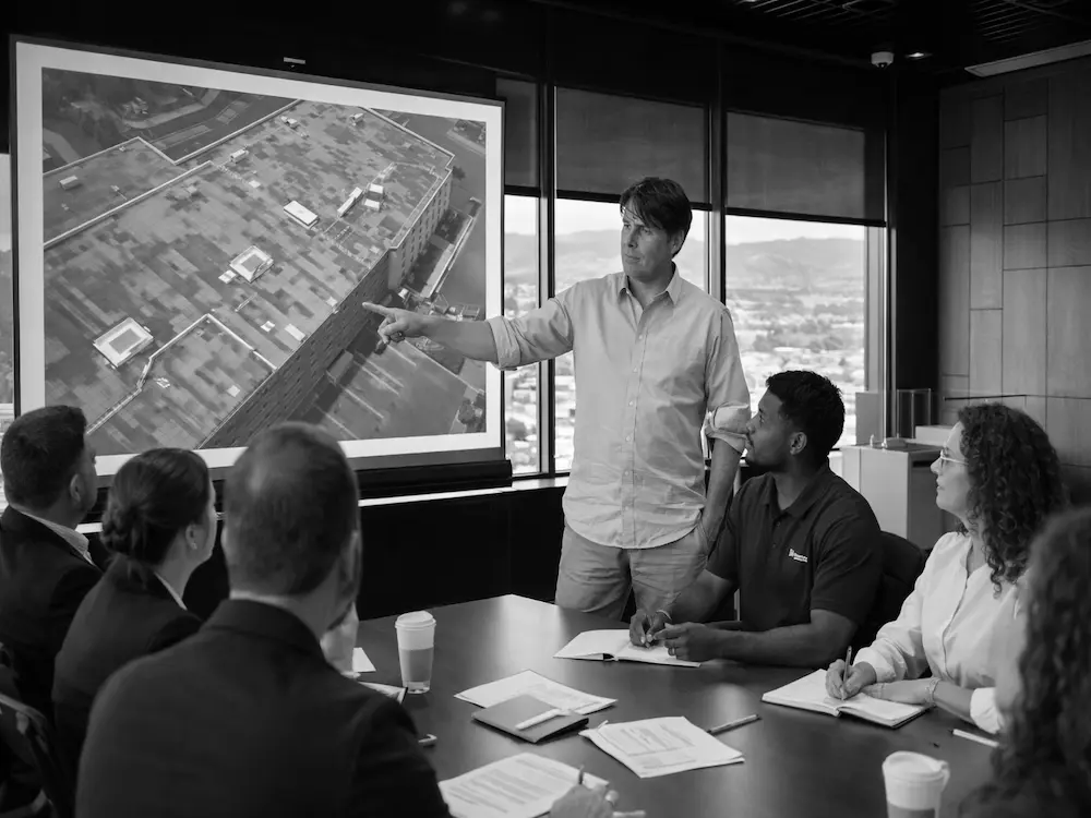 Commercial roof consultant presenting inspection findings to property managers and building owners in Colorado Springs office meeting