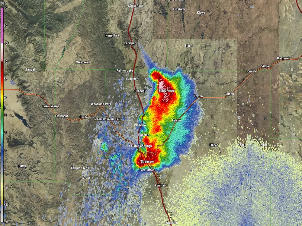 Front Range hail damage frequency map showing Colorado Springs, Monument, Fountain, and surrounding roof inspection service areas