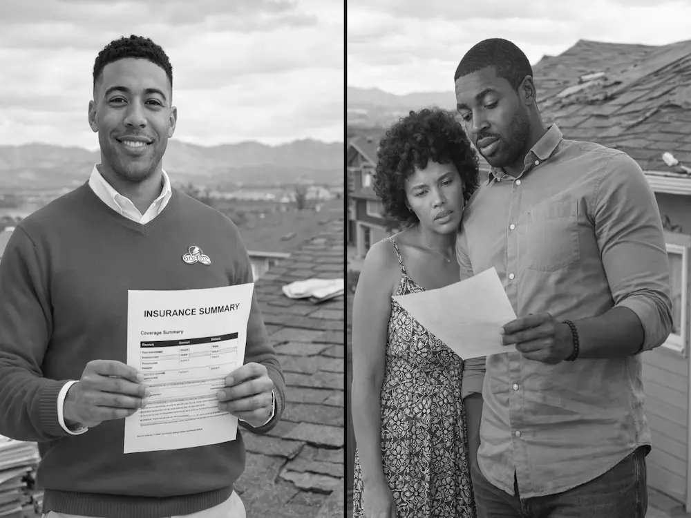 Insurance company adjuster inspecting roof damage while Colorado Springs homeowner observes claim evaluation process