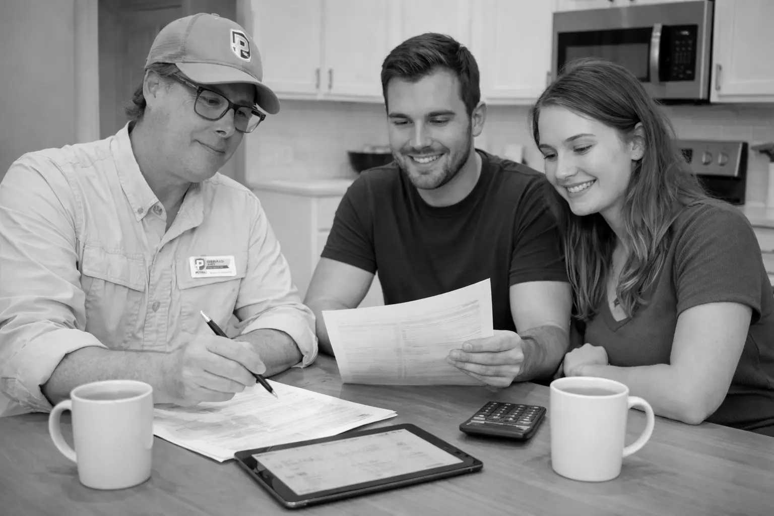 Roof consultant reviewing detailed inspection paperwork with homeowners at kitchen table during consultation